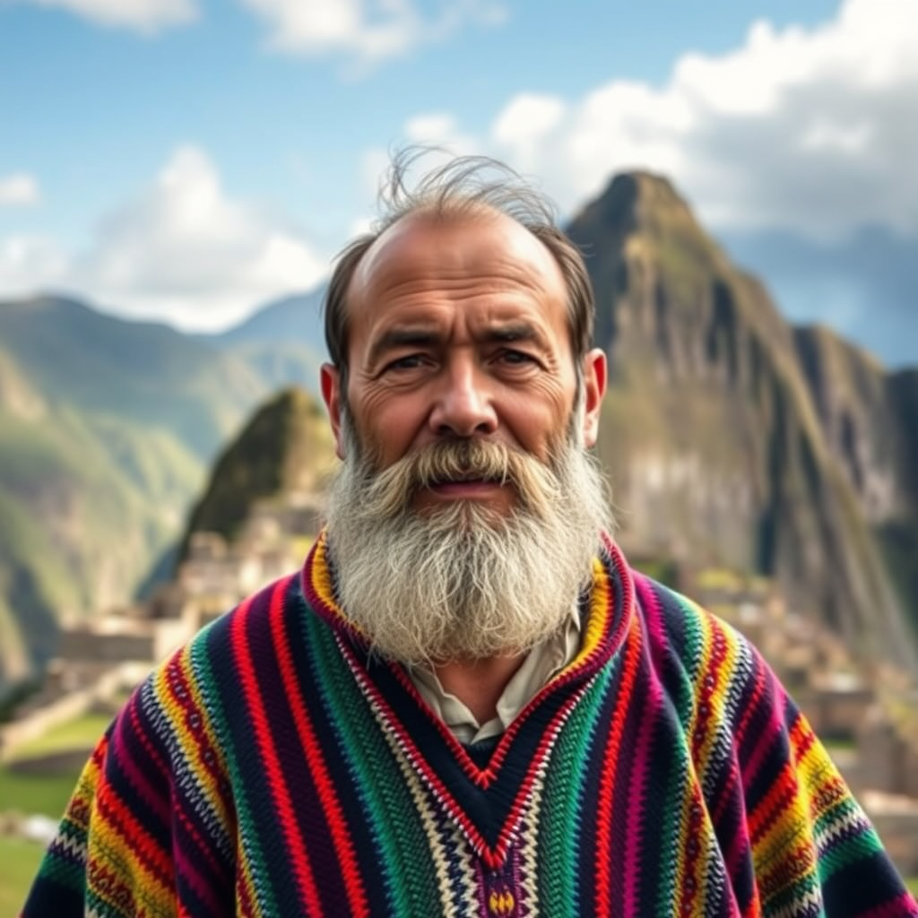 portrait of a man with a beard wearing a colorful poncho in front of Machu Picchu mountains, soft natural light, f/2.8 aperture, 50mm lens, ISO 100, DSLR camera, shallow depth of field, vibrant colors