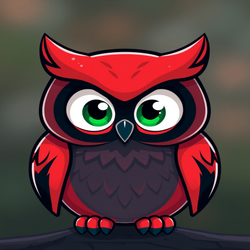 Create a stylized illustration of a cartoon owl with vibrant red and black colors, large green eyes, and a smooth, glossy finish, shot with a Canon EOS R5 at f/2.8, ISO 100, 50mm lens, with a slight bokeh effect for an artistic touch.