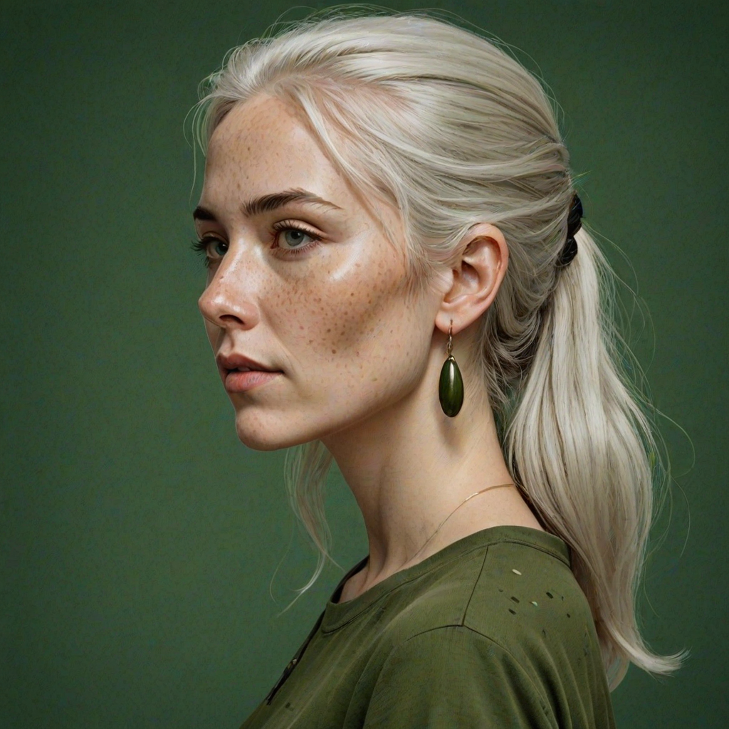create a side profile illustration of a woman with long white hair, wearing an olive green top and a dark earring, set against a solid dark green background, with freckles on her cheeks and a confident expression