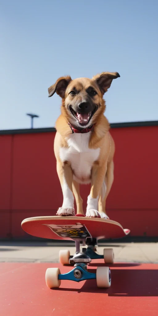 dog on red skateboard