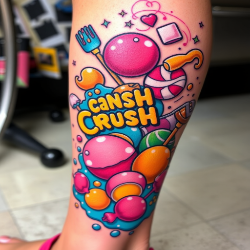 Vibrant new school tattoo called "Candy Crush Dreams" with bold outlines and exaggerated cartoon-style elements depicting a whimsical and colorful scene of fantastical sweets and treats on the leg
