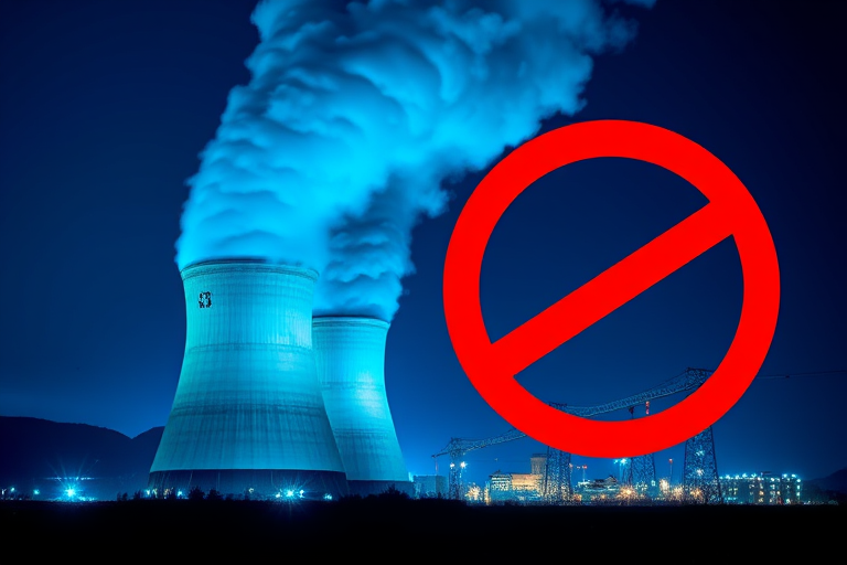Create a high-resolution illustration of a nuclear power plant with cooling towers emitting blue steam, set against a deep blue background, incorporate a bold red "no" symbol overlay, shot with a DSLR camera at f/8 aperture, ISO 100, 50mm focal length, natural lighting and a slight vignette effect.