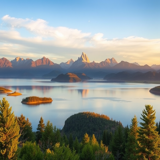 Generate a high-resolution image of a serene landscape with mountains in the background and a tranquil lake in the foreground, using a DSLR camera, 50mm lens, aperture f/8, ISO 100, shot in natural light during golden hour.