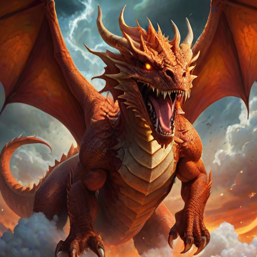 create an epic illustration of a massive dragon emerging from swirling clouds of fiery red and orange, showcasing its fierce roar and intricate scales, with dramatic lighting and a chaotic background