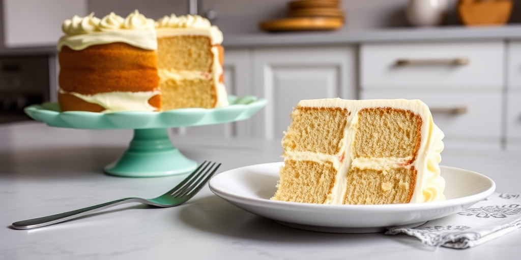A slice of layered vanilla cake with creamy frosting on a white plate next to a fork and a patterned napkin, with a whole cake displayed on a mint green cake stand in the background, set against a modern kitchen backdrop.