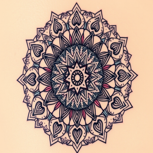 Bohemian mandala tattoo named "Cosmic Harmony" with intricate geometric patterns and ornate details in soft pastel colors radiating outward from a central focal point