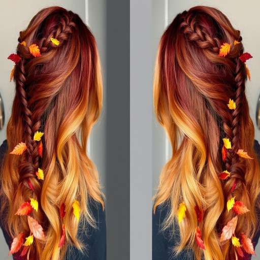 Autumn harvest ombre transitions from rich burgundy to golden wheat, styled in loose braids intertwined with colorful leaves, celebrating the changing seasons