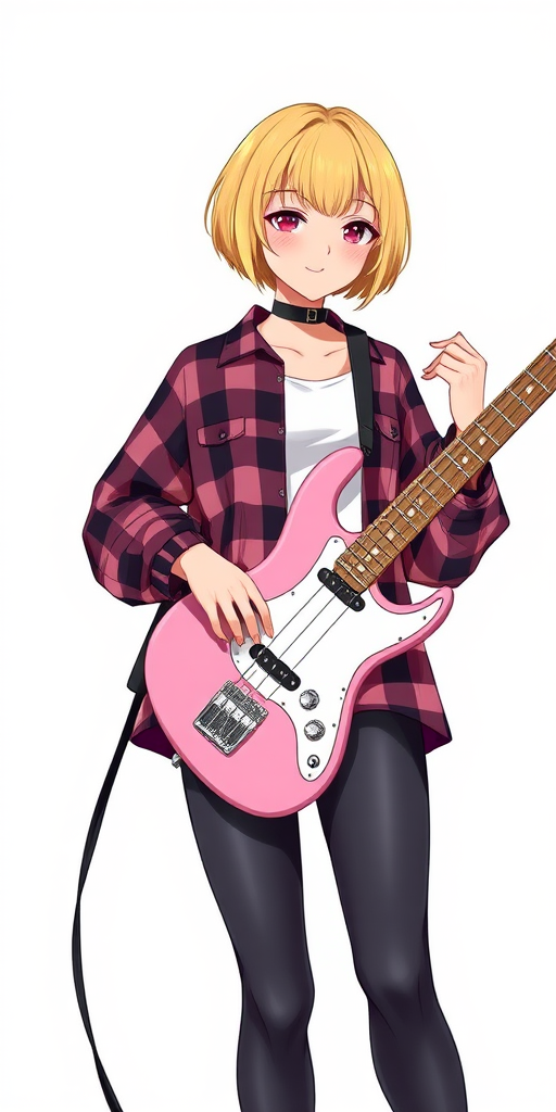 Create a detailed illustration of a stylish female character with short blonde hair, wearing a plaid oversized shirt and leggings, holding a pink bass guitar, set against a plain white background, using a Canon EOS R5 camera, 85mm lens, aperture f/2.8, soft natural lighting, and a portrait style for enhanced clarity and color vibrancy.