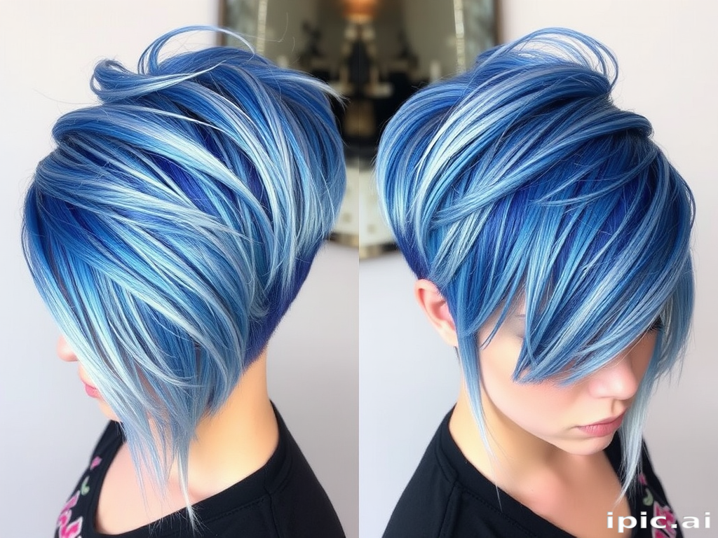 Edgy blue and silver undercut dubbed "Electric Frost" combines a closely cropped sides with long, swept-over top layers featuring a metallic sheen and icy highlights