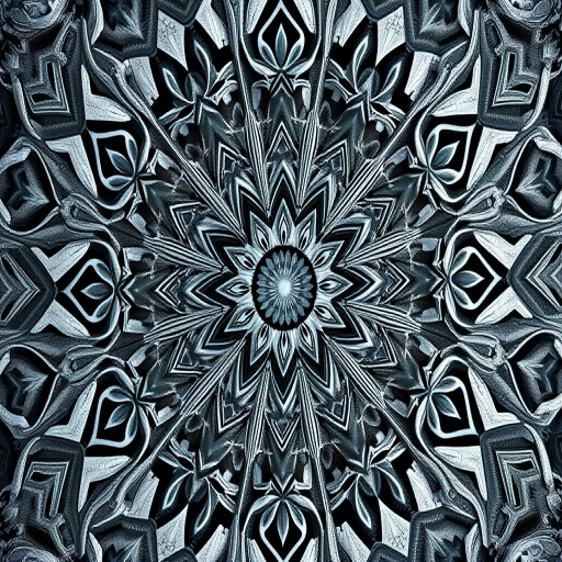 Generate an intricate mandala design featuring symmetrical patterns in shades of gray, captured with a high-resolution DSLR camera at f/8 aperture, ISO 100, and a 50mm lens, using soft natural lighting to enhance the depth and texture.