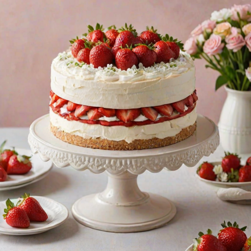 Create an image of a layered cake on a pedestal. The cake should have three layers, filled with cream and fresh strawberries. Top the cake with a generous amount of whipped cream, fresh strawberries, and small white flowers for decoration. The background should be soft and pastel-colored, enhancing the overall aesthetic of the cake. Add some scattered strawberries and flowers around the base of the pedestal for a charming touch.