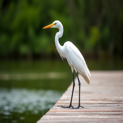 Create a high-resolution image of a great egret standing on a wooden dock with a blurred green background, natural lighting, shot with a DSLR camera at f/4, ISO 100, and a shutter speed of 1/500s, using a 200mm lens and a shallow depth of field for enhanced focus on the bird.