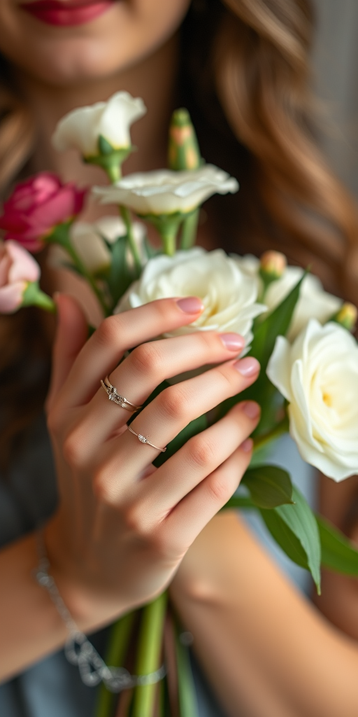 Close-up shot of a woman holding a bouquet of flowers with soft focus on hands and rings, natural lighting, aperture f/2.8, shutter speed 1/125s, ISO 200, portrait mode, using a DSLR camera with a 50mm lens.
