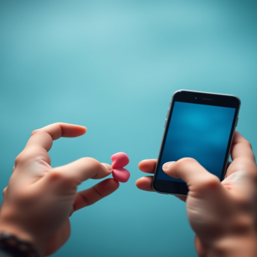 Create a high-resolution image of two hands holding smartphones with a broken heart symbol between them, using a soft-focus background with a gradient from blue to turquoise, shot with a DSLR camera at f/2.8 aperture, ISO 100, and 50mm lens, in portrait orientation for enhanced depth of field and clarity.