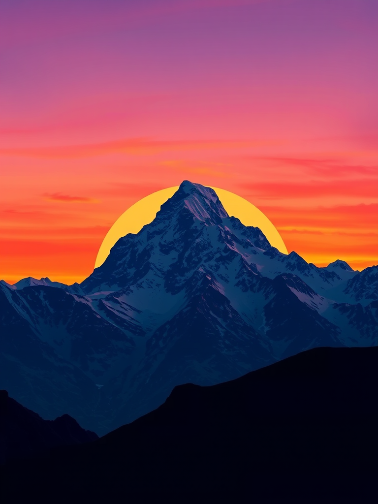 Create a high-resolution digital illustration of a mountain range at sunset, showcasing snow-capped peaks against a vibrant gradient sky transitioning from deep purple to orange, using a wide-angle lens with a 24mm focal length, f/8 aperture, and ISO 100 for clarity and sharp details.