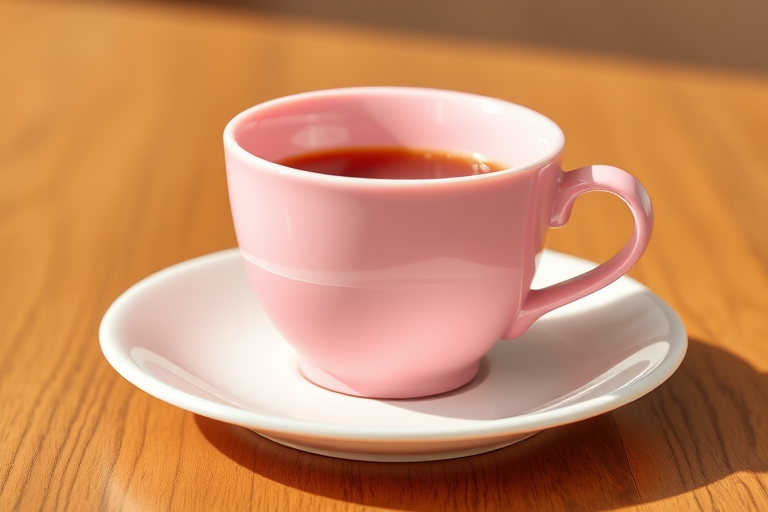 create a high-resolution illustration of a pink coffee cup on a saucer, front view, with soft lighting, 50mm lens, f/2.8 aperture, ISO 100, DSLR camera settings for enhanced clarity and detail