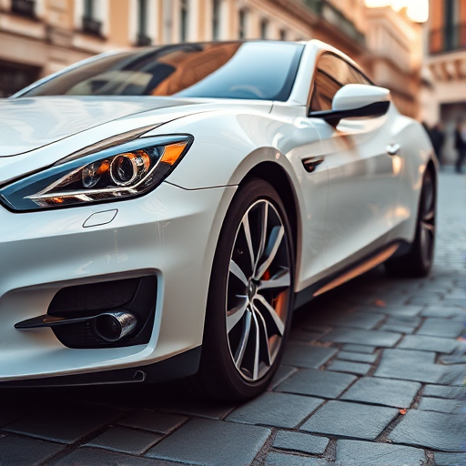 regenerate the image of a sleek white car parked on a cobblestone street, taken with a Canon EOS 5D Mark IV, 50mm lens, aperture f/2.8, shutter speed 1/200s, ISO 100, shallow depth of field for a blurred background, capturing reflections on the car's surface in soft natural light