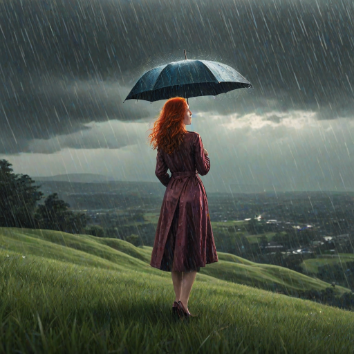 A surreal hand-drawn digital artwork depicting a mysterious red-haired woman standing on a grassy hill under the rain. She holds an umbrella crafted from iridescent zircon, its vibrant sheen contrasting with the soft, rainy atmosphere. The scene feels dreamlike, blending the natural elements of the hill and rain with the otherworldly shimmer of the umbrella.