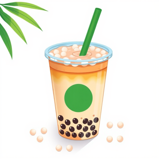 Create a high-resolution illustration of a bubble tea cup, featuring a clear plastic cup, a green lid, a straw, and tapioca pearls, with a focus on vibrant colors and clean lines, using a DSLR camera, aperture f/2.8, shutter speed 1/250 sec, ISO 100, taken from a top-down view with soft natural lighting.