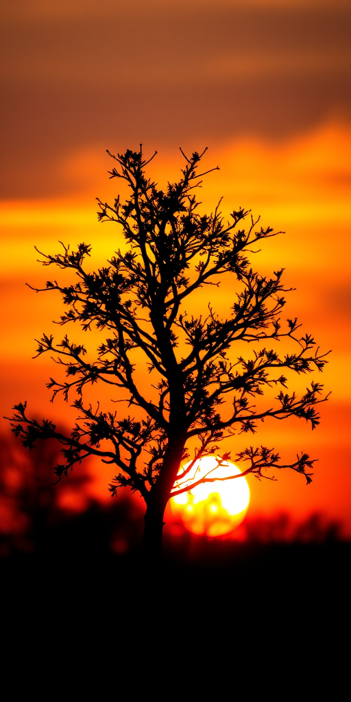 Create an image of a stylized tree silhouette against a sunset background with vibrant orange and purple hues, using a DSLR camera with a 50mm lens at f/1.8, ISO 100, and a low angle view for enhanced depth of field and detail.