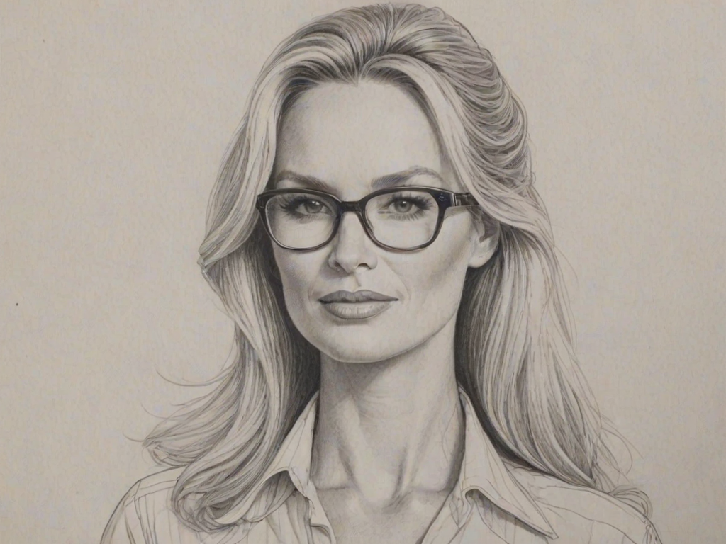 Comely Nicolette Sheridan, pencil sketch, portrait of Sublime woman 1969s in glasses, hair style beatnik, outline, clear lines, fine lines, 8k