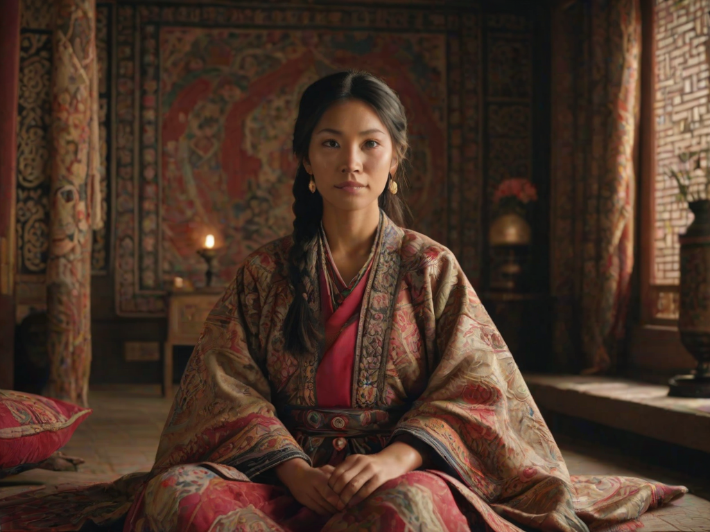 A beautiful Quechua woman in traditional East Asian attire, intricately detailed with embroidered patterns, sitting gracefully in a richly decorated room, soft ambient lighting, serene and elegant, ultra-realistic, 8K resolution