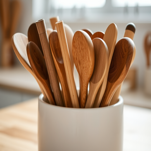 still life of various wooden kitchen utensils in a white ceramic holder, softly lit with natural light, focus on the textures of the wood, shallow depth of field, aperture f/2.8, 50mm lens, ISO 100, DSLR camera, slight bokeh in the background