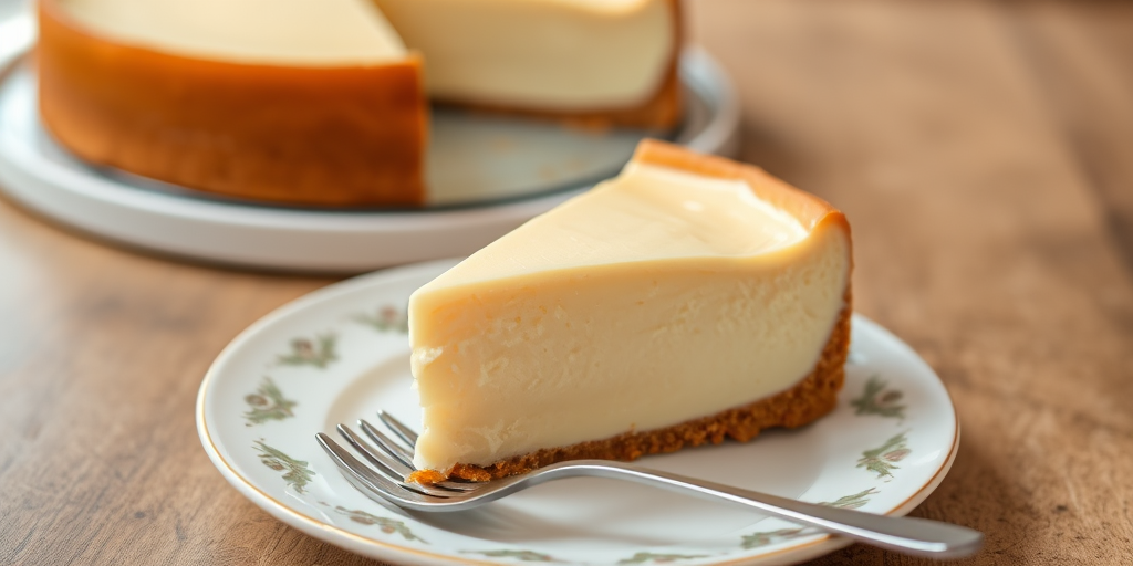 A slice of creamy cheesecake on a decorative white plate with a fork beside it, featuring a whole cheesecake in the background on a round serving tray, bright and appetizing presentation, natural lighting.