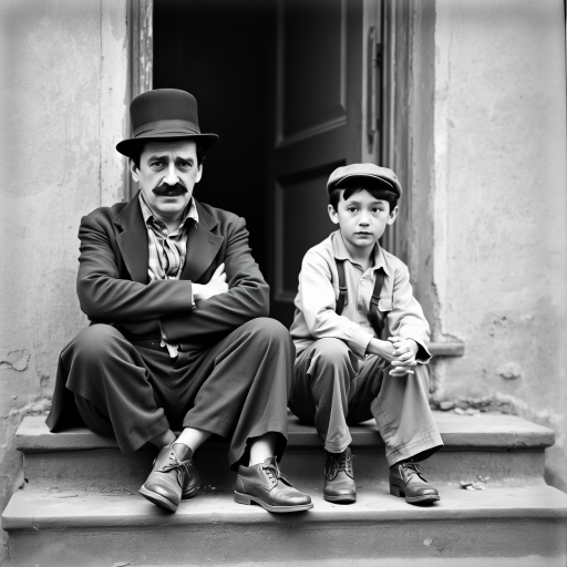 A black-and-white photograph of a man and a child sitting on steps in front of a doorway. The man is dressed as a tramp with a bowler hat, mustache, and ragged clothes, reminiscent of Charlie Chaplin's iconic look. He is sitting with his arms crossed and an expression of slight sadness or frustration. Next to him is a young boy, also in worn clothes and a cap, sitting with his hands clasped, looking thoughtful. The background is an old, textured wall and a partially open door, creating a vintage, early 20th-century atmosphere.