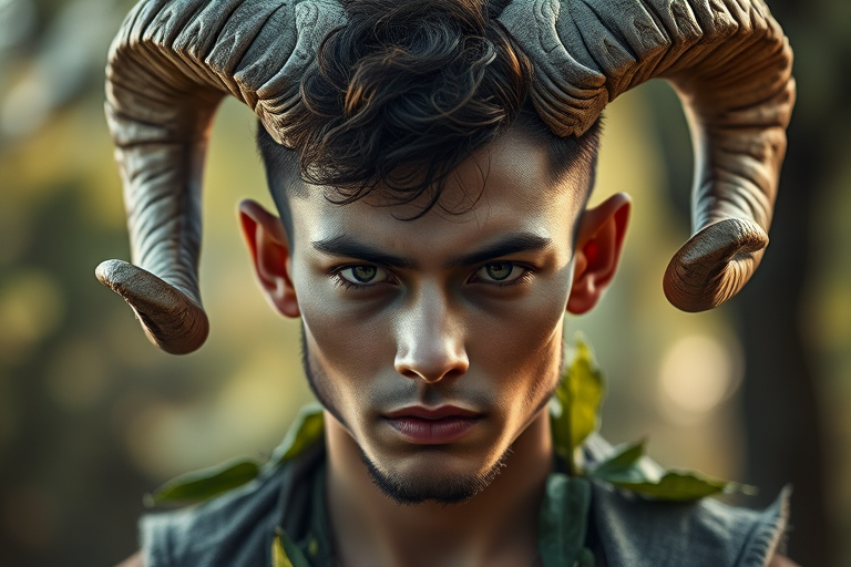 Create a hyper-realistic portrait of a young man with ram horns, adorned with leaves, exhibiting a pensive expression, captured with a Canon EOS R5, using an 85mm f/1.2 lens, at ISO 100, aperture f/1.8, shutter speed 1/200s, soft natural lighting, and a shallow depth of field to emphasize his features.