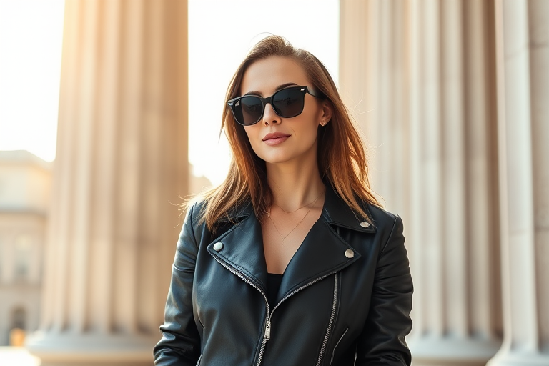 Create a stylish portrait of a woman wearing a black leather jacket and sunglasses standing by classical columns in soft afternoon light, using a Canon EOS R5 with a 85mm lens, aperture f/1.8, shutter speed 1/200 sec, ISO 100, natural lighting for enhanced details and vivid colors.