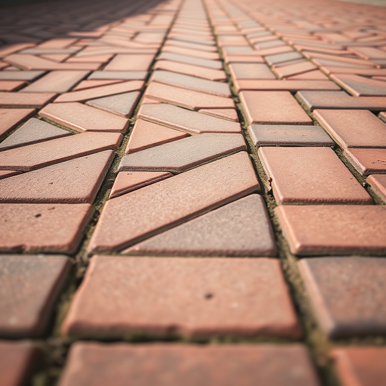 A close-up shot of a brick pavement in a herringbone pattern, natural lighting, f/4 aperture, ISO 100, 50mm lens, shot from a low angle, DSLR camera.