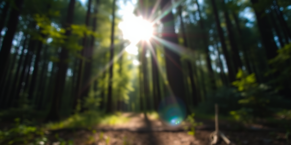 Create a high-quality image of a tranquil forest scene with sunlight filtering through the trees, using a DSLR camera at f/2.8 aperture, ISO 100, 1/200 sec shutter speed, shot from a low angle perspective, in natural light, with a shallow depth of field to enhance the bokeh effect in the background.