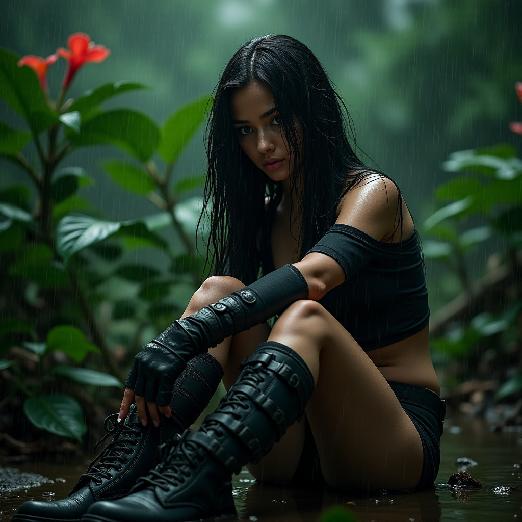 A highly detailed photograph of a woman with long black hair, sitting in the rain beneath lush green foliage. She wears a black off-the-shoulder top, fingerless gloves, and combat boots, giving her a rugged, militaristic look. Her left arm is bandaged, hinting at a recent struggle. The jungle background is vibrant, with large green leaves and red flowers contrasting against the rainy, dark sky. Fine rain droplets add realism and atmosphere to the scene.