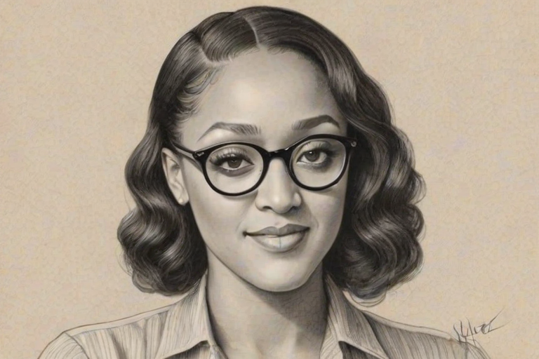 Graceful Tia Mowry, pencil sketch, portrait of Comely woman 1936s in glasses, hair style beatnik, outline, clear lines, fine lines, 8k