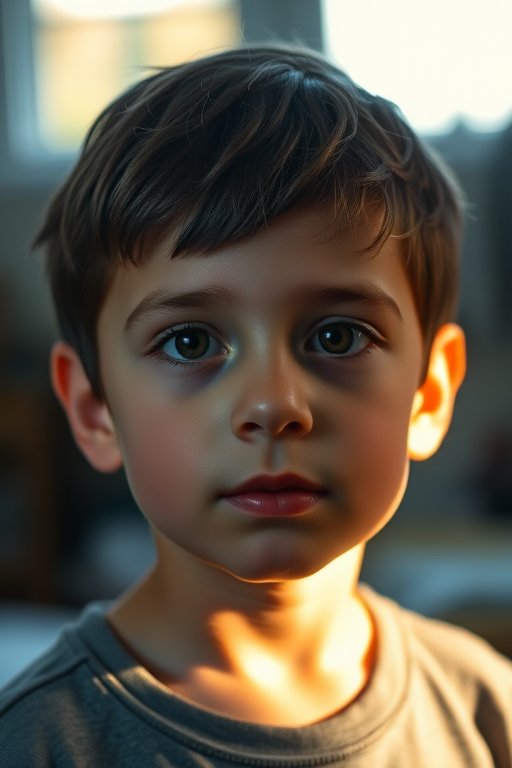 portrait of a young boy with short brown hair in a dimly lit room, soft natural light illuminating his face, shallow depth of field, 50mm f/1.8 lens, ISO 200, shutter speed 1/100, DSLR, warm tones