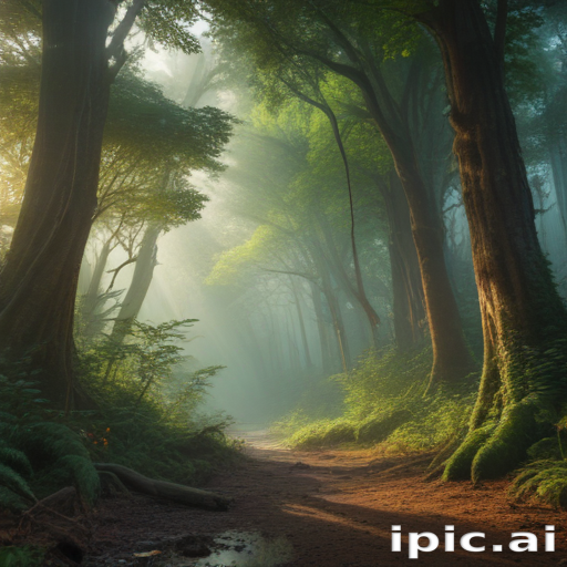 Serene Morning Light Filtering Through Lush Trees in a Misty Forest