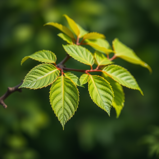 Capture a close-up of vibrant green leaves on a branch with a blurred green background, using a DSLR camera with a 50mm lens, aperture set to f/2.8 for shallow depth of field, ISO 100 for low noise, and natural light to enhance the vividness of the leaves.