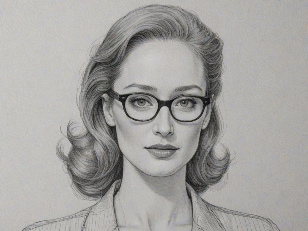 Comely Lotte Verbeek, pencil sketch, portrait of Lovely woman 1945s in glasses, hair style beatnik, outline, clear lines, fine lines, 8k