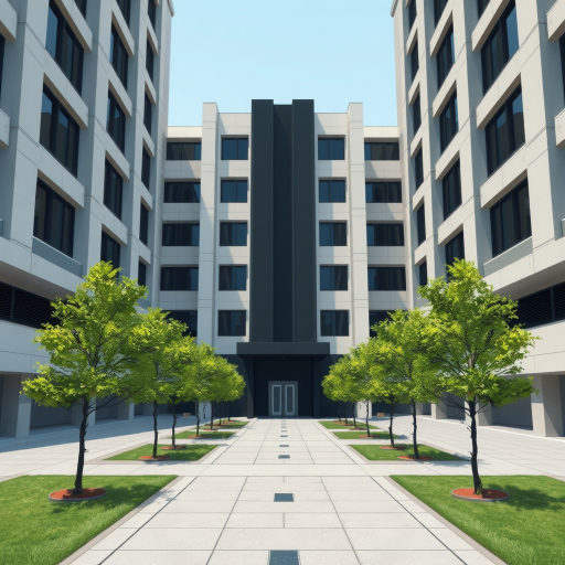 create a digital illustration of a modern building with a symmetrical design, featuring tall windows and a central dark structure, surrounded by neatly arranged trees and a simple pathway, using a wide-angle lens, aperture f/8, ISO 100, daylight settings, and a high-resolution rendering style to enhance the clarity and detail of the scene.