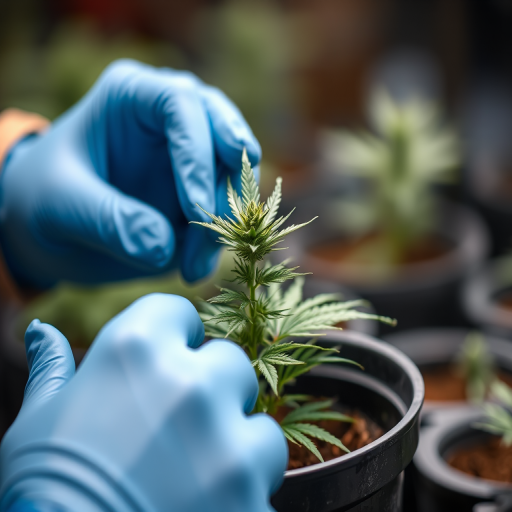 close-up of a person wearing blue gloves working with a cannabis plant in a pot, shallow depth of field, f/2.8, ISO 200, 50mm lens, natural light, macro photography, high resolution, soft focus background
