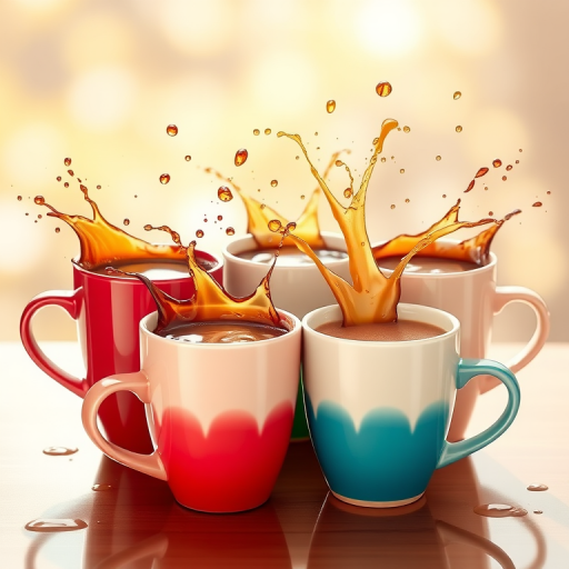 create a high-resolution digital illustration of four coffee cups with splashes, bright colors, soft focus background, 50mm lens, f/2.8 aperture, 1/160s shutter speed, shot in daylight, with a clear and vibrant style