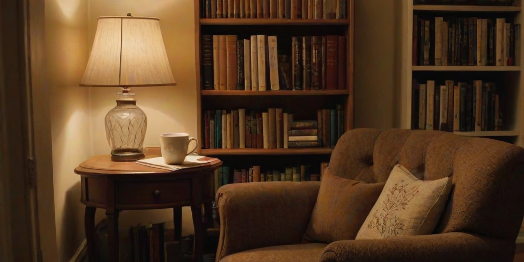 Warmly lit photo of a small library nook with a comfy armchair, soft light from a lamp illuminating a stack of books and a steaming cup of tea on a side table.