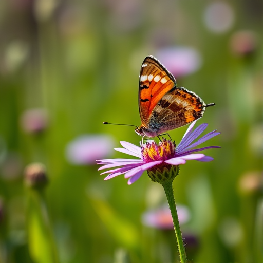 Capture a close-up of a butterfly on a purple flower in a vibrant green field, using a macro lens at f/2.8 for a shallow depth of field, ISO 200 for clarity, shutter speed 1/500s to freeze motion, and natural lighting for enhanced color contrast.