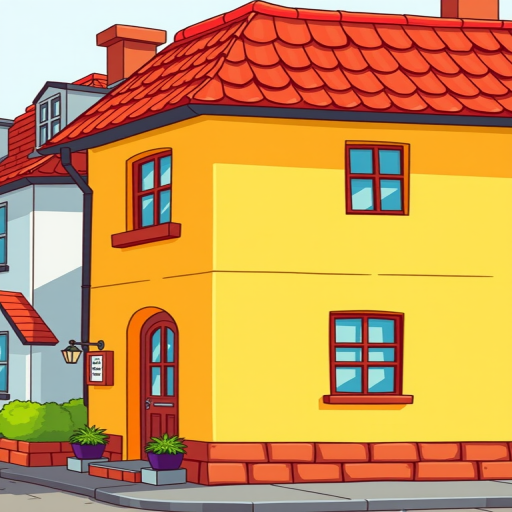 Create a brightly colored cartoon-style illustration of a quaint house with a red tiled roof, incorporating detailed windows and a chimney, using a DSLR camera with a 50mm lens, f/2.8 aperture, ISO 100, in a well-lit environment to enhance clarity and vibrancy.