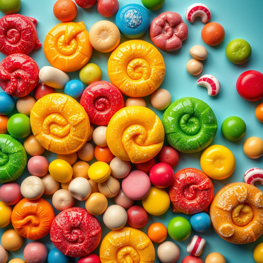 Create a vibrant flat lay of assorted colorful candies and desserts with detailed textures, full frame, high dynamic range, using a Canon EOS R5, 50mm f/1.2 lens, ISO 200, aperture f/8, and a shutter speed of 1/125s, studio lighting for enhanced colors and shadows.