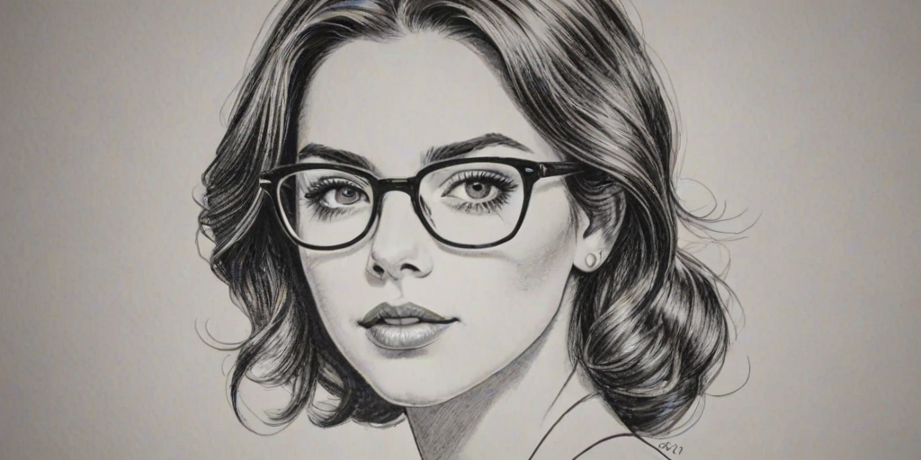 Gorgeous Adelaide Kane, pencil sketch, portrait of Magnificent woman 1966s in glasses, hair style beatnik, outline, clear lines, fine lines, 8k