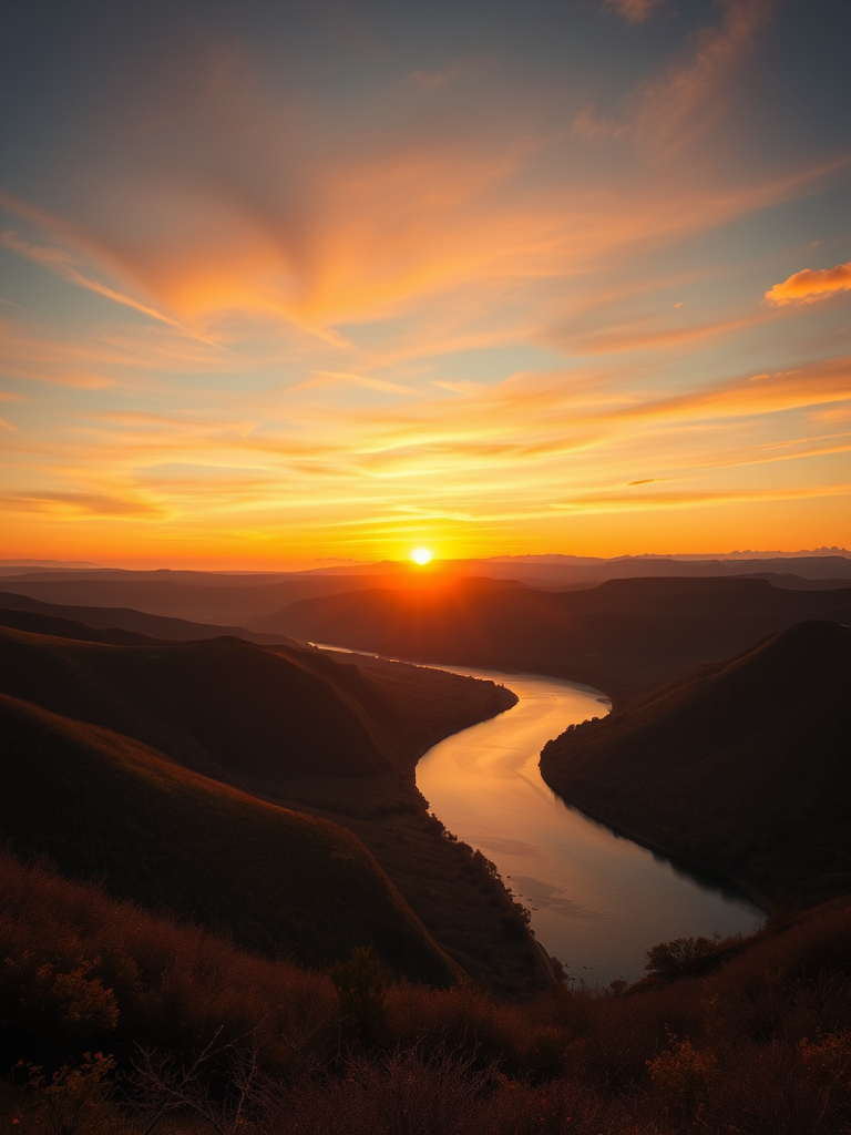 Generate a high-resolution image of a serene landscape featuring a vibrant sunset over rolling hills with a calm river reflecting the colors, captured with a Canon EOS R5, 24mm lens, aperture f/8, ISO 100, in landscape orientation, using natural lighting to enhance the warm tones and textures.