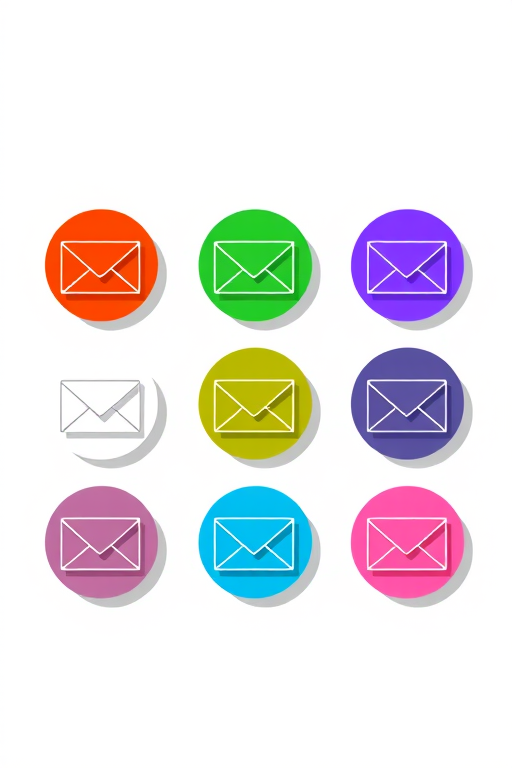 create a grid of nine circular icons representing email envelopes in varying colors (red, orange, green, blue, purple, pink, and black) with a flat design style and long shadows, use a high-resolution digital camera set to f/8 aperture, ISO 100, and a focal length of 50mm, top-down view, vibrant colors and clear details