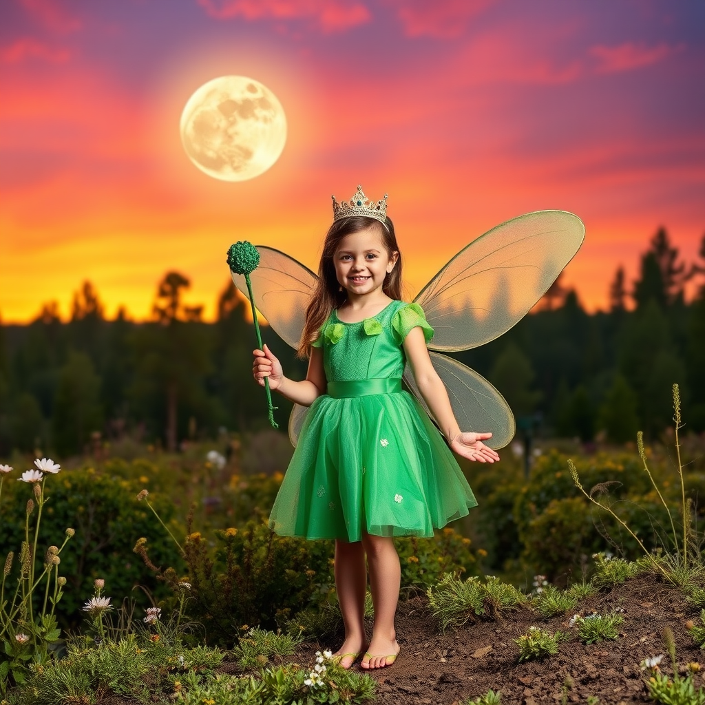 A vivid photo  taken under a bright camera flash of a fantastical scene set against a backdrop of a forest during sunset. The main subject is a girl dressed as a fairy, adorned with translucent wings and a green dress, holding a wand, her face is happy, and she wears a crown on her head. The forest behind her is a blend of flowers, shrubs and trees. The sky is painted in hues of orange and pink, with a large, glowing moon casting a warm glow over the scene. The overall color palette is dominated by earthy tones.